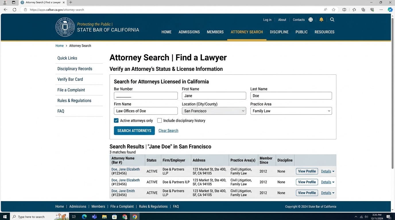 Navigating a state bar website to check attorney records